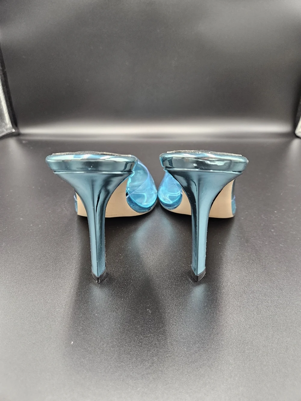 Good American Blue Clear PVC Mule Heels Pointed Toe Stiletto Pumps Size 7.5